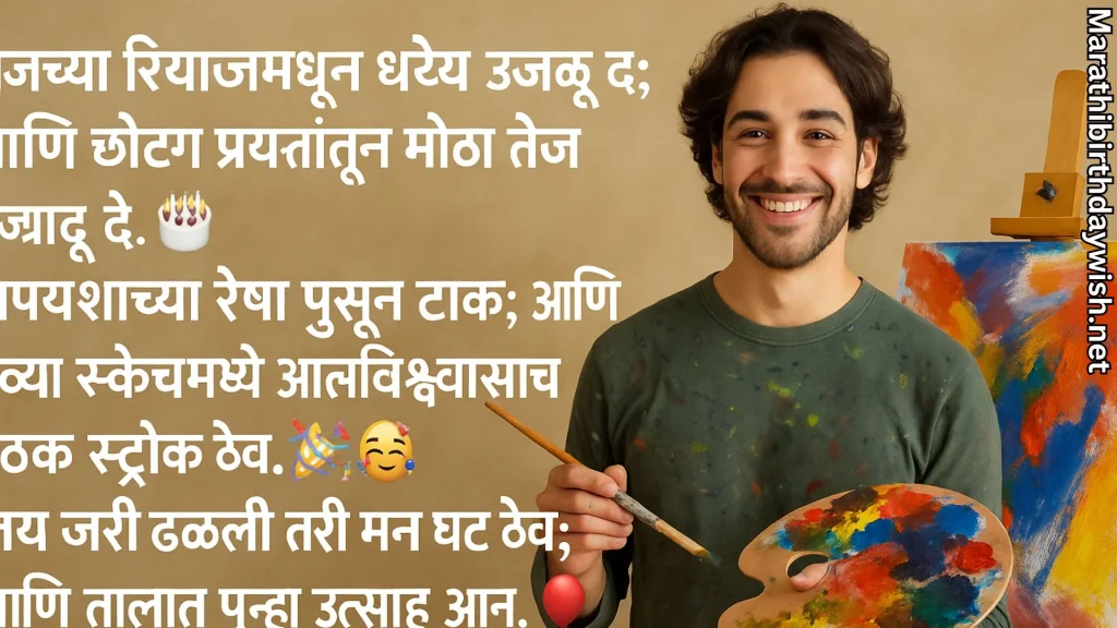 Artist holding brush and palette; motivational Marathi wishes card