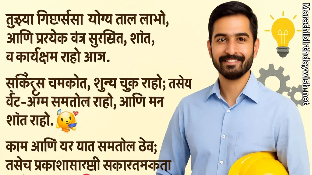 Bearded engineer with lightbulb and gears, Marathi birthday message.