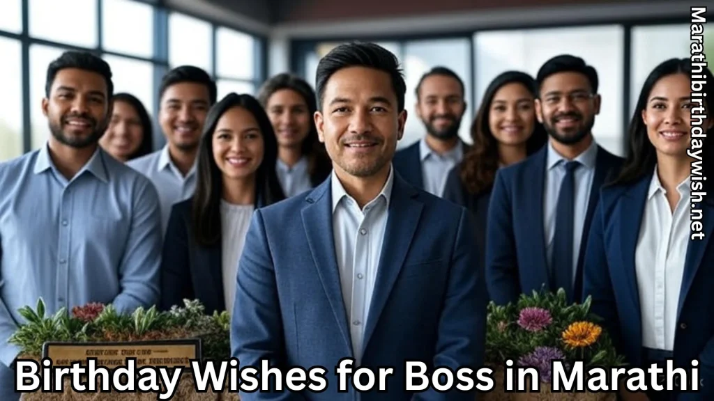 Boss in blue suit with team, office celebration backdrop