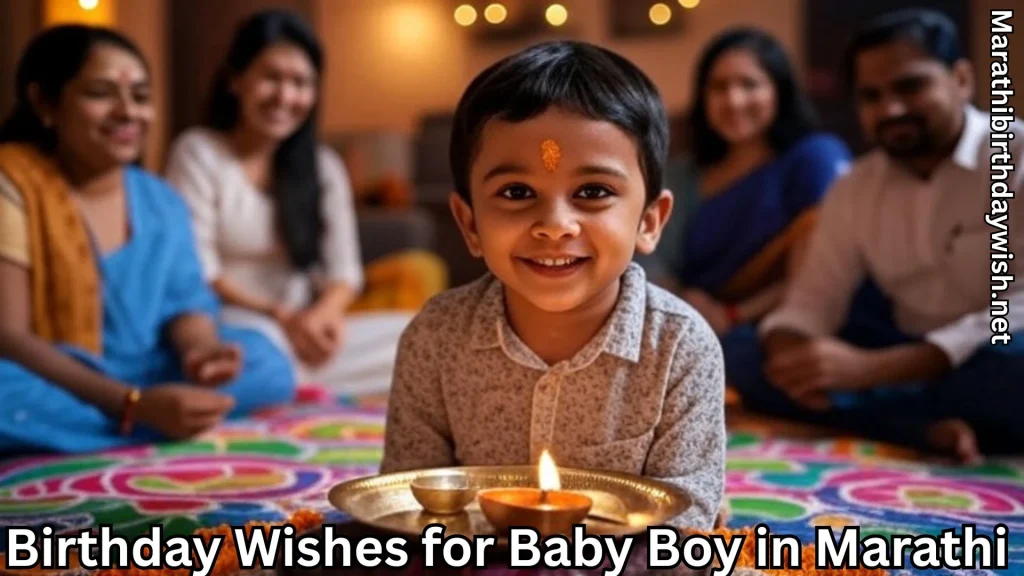 Boy holding diya plate, family in background, Marathi birthday wishes