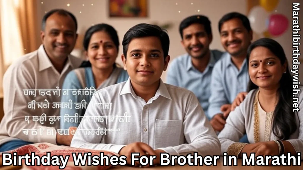 Brother with family smiling and birthday wishes for brother in marathi text overlay