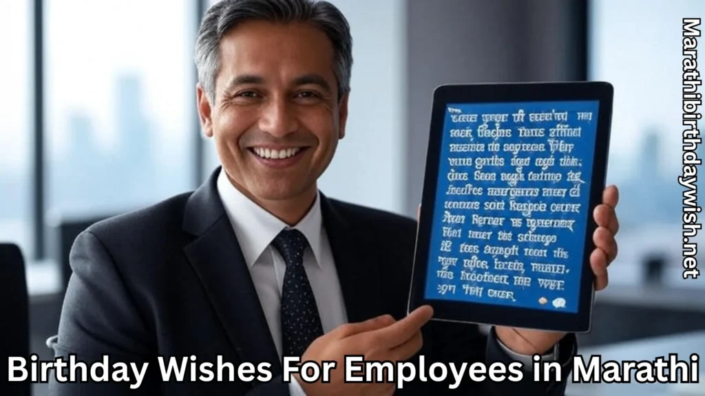 Businessman showing tablet with birthday message, office background
