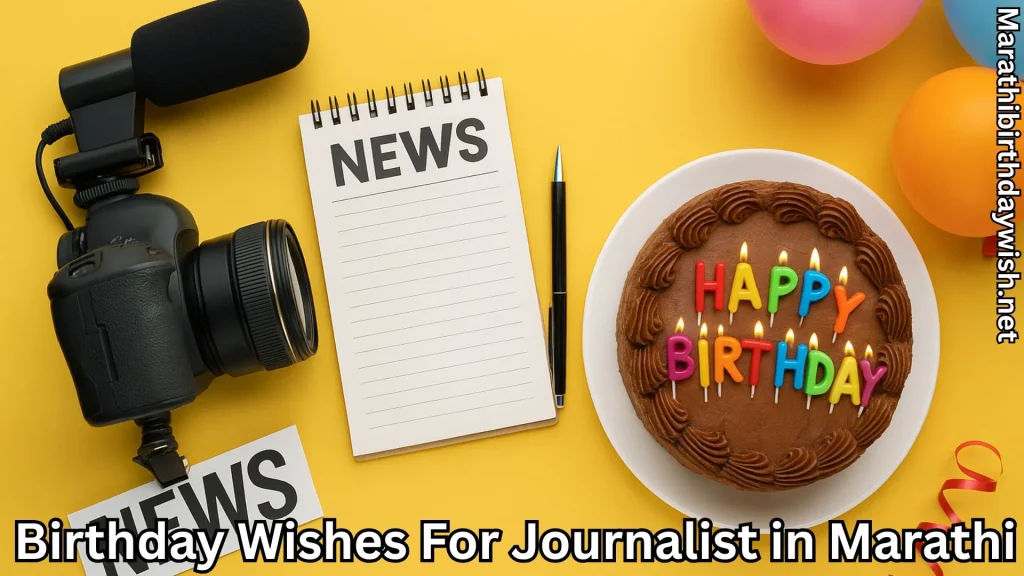Camera with mic, NEWS notepad, pen, and chocolate cake saying HAPPY BIRTHDAY