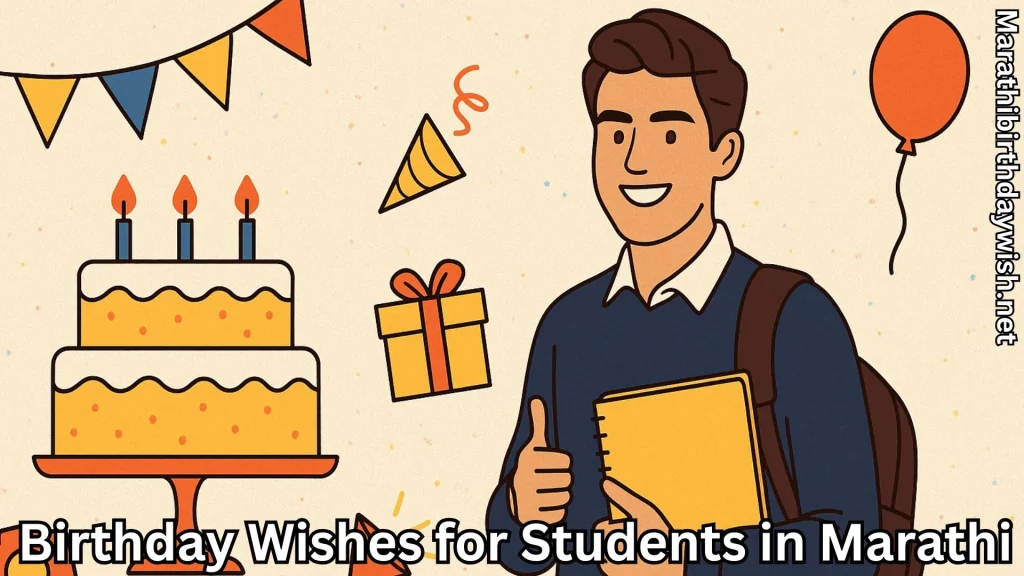 Cartoon student with cake, gifts and balloons, birthday theme