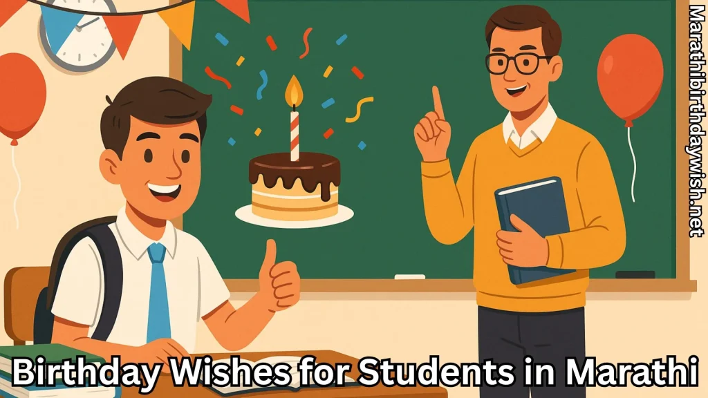 Classroom cartoon, teacher and student celebrate with cake and balloons