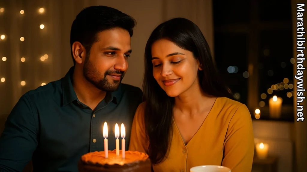 Couple sitting together with birthday cake and candlelight dinner