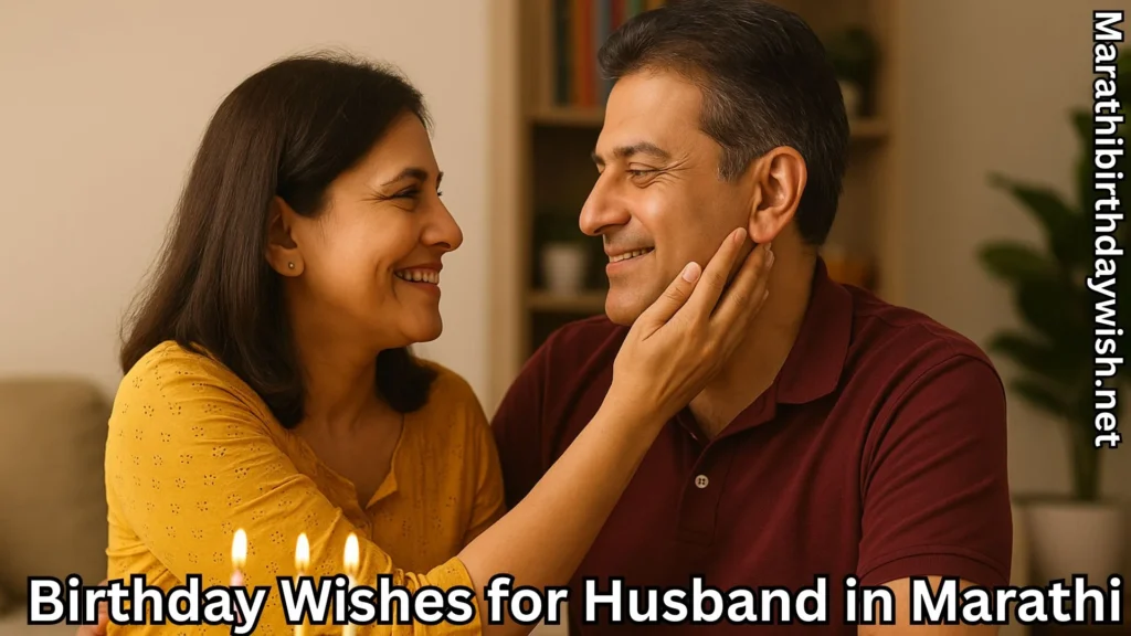Couple smiling and holding hands and birthday wishes for husband in marathi text overlay