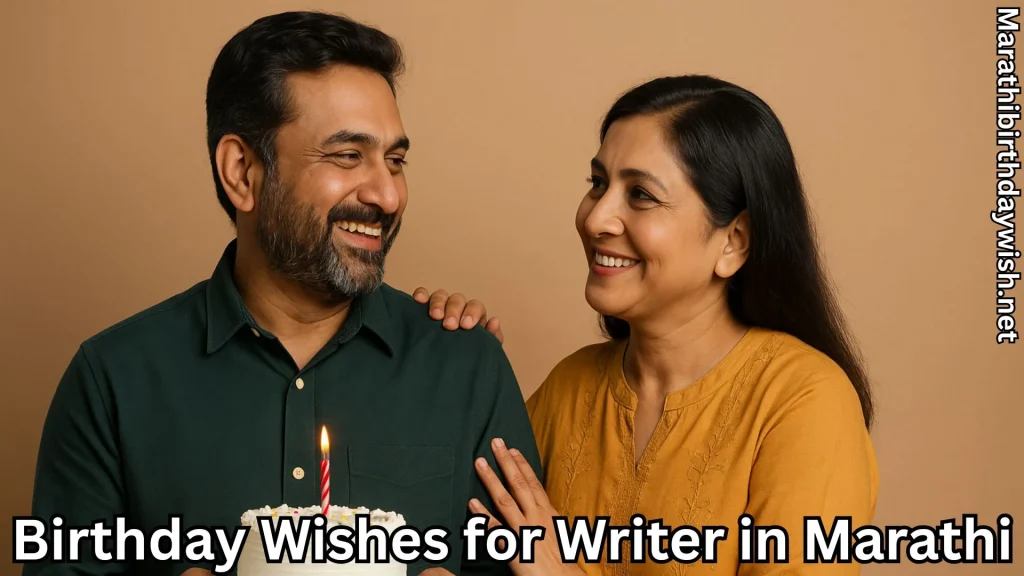 Couple smiling by birthday cake and birthday wishes for writer in Marathi text overlay