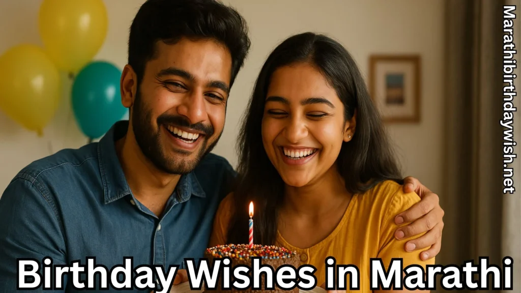 Couple smiling with birthday cake and balloons with birthday wishes in marathi text overlay