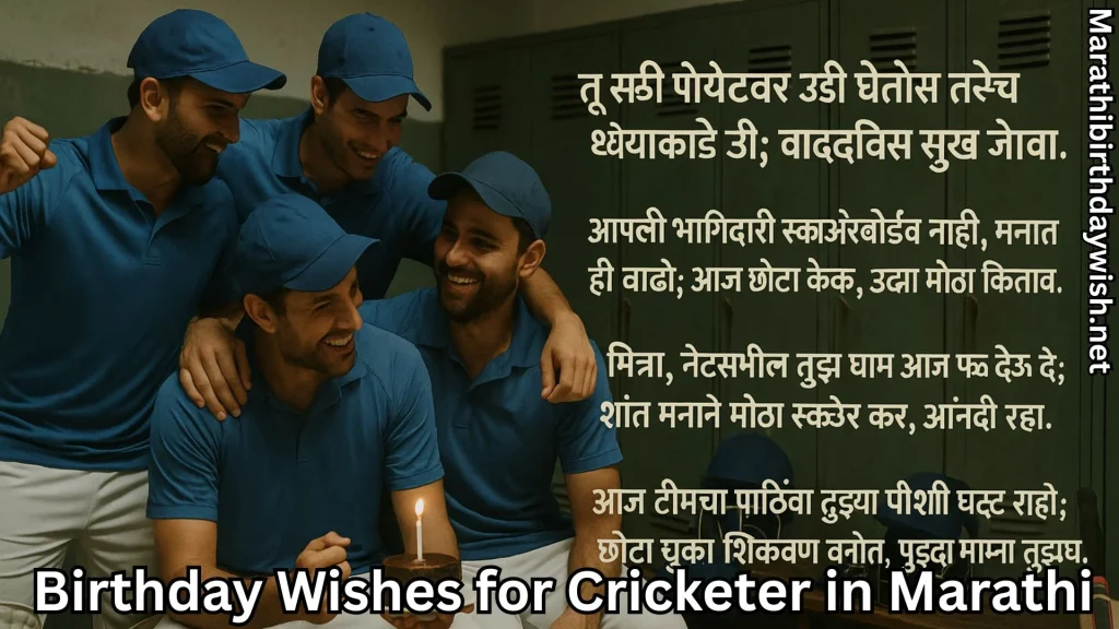 Cricket team in locker room with cake; Marathi birthday wishes on right