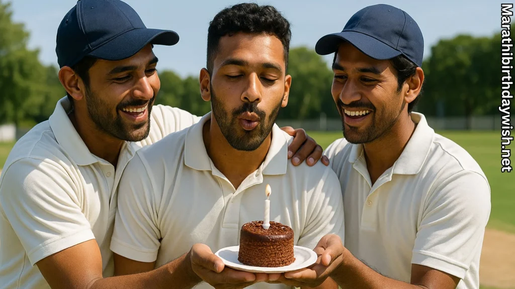 Cricket teammates celebrate birthday with birthday wishes for cricketer in marathi text overlay