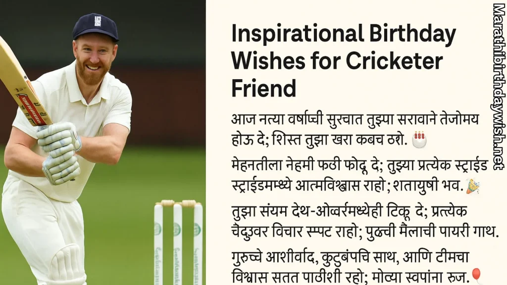 Cricketer batting with Marathi inspirational birthday wishes on right