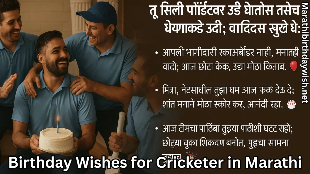 Cricketers in blue celebrate with cake; Marathi birthday wishes on right