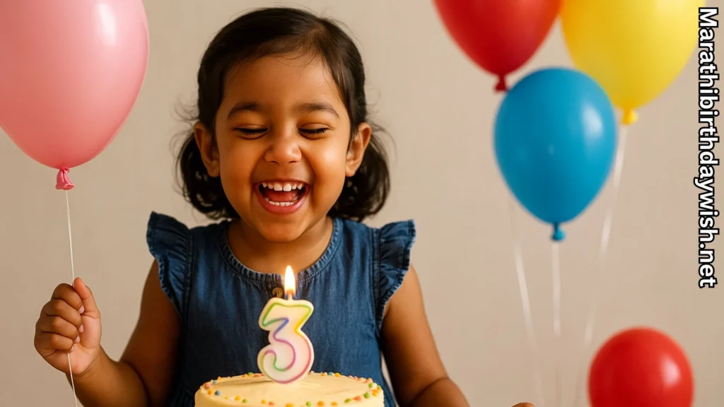 Cute girl celebrating 3rd birthday with balloons and cake