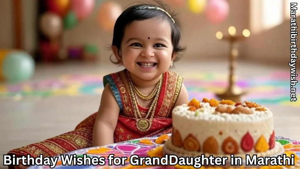 Cute granddaughter with cake and birthday wishes for granddaughter in marathi text overlay