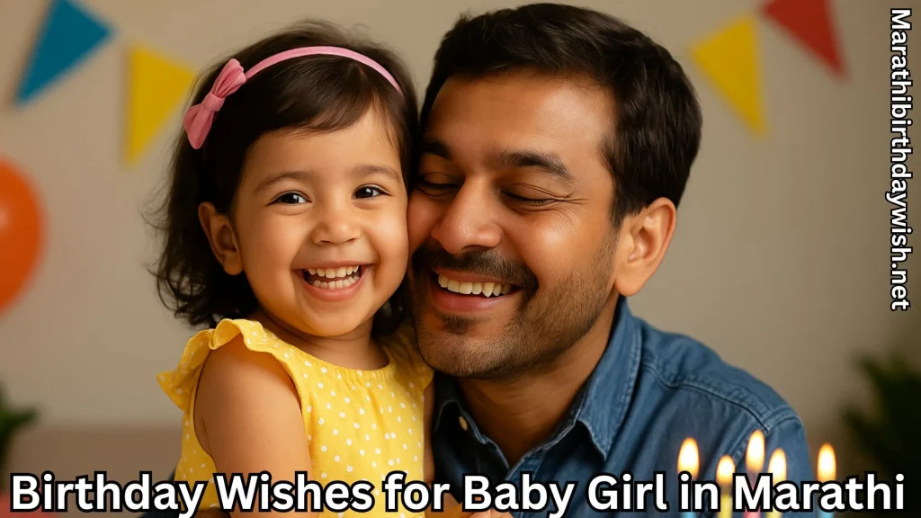 Dad with smiling little girl, birthday banners in background.
