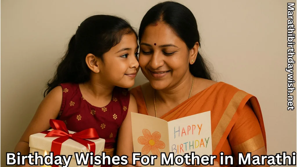 Daughter giving birthday card to mom wearing orange saree with a gift.