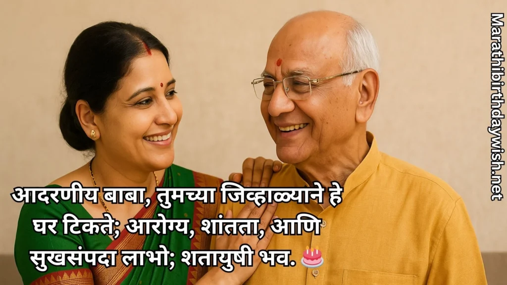 Daughter-in-law with father-in-law; birthday wishes for father-in-law in marathi text overlay