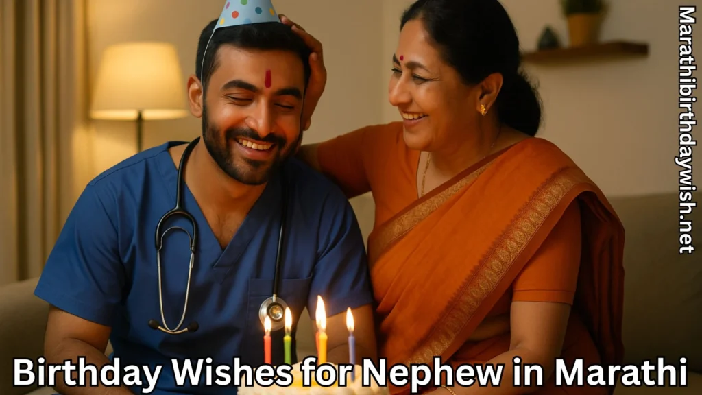 Doctor nephew smiling with aunt on birthday celebration in Marathi