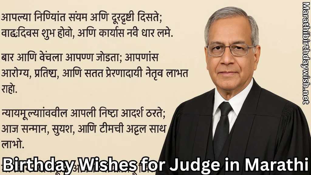 Elder judge with birthday wishes for judge in marathi text on light backdrop