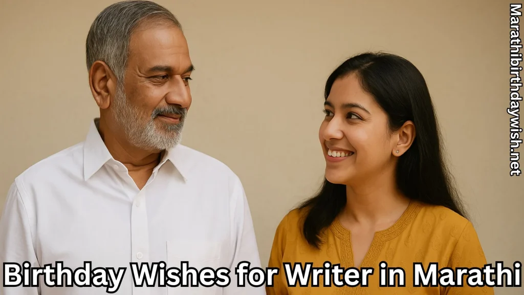 Elder man and young woman smiling and birthday wishes for writer in Marathi text overlay