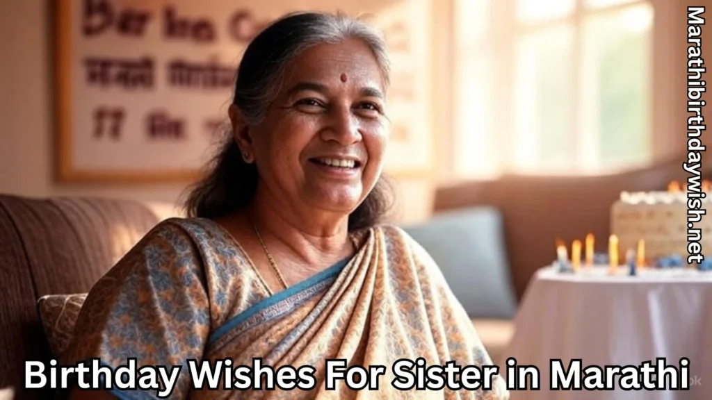 Elder sister smiling and birthday wishes for sister in marathi text overlay