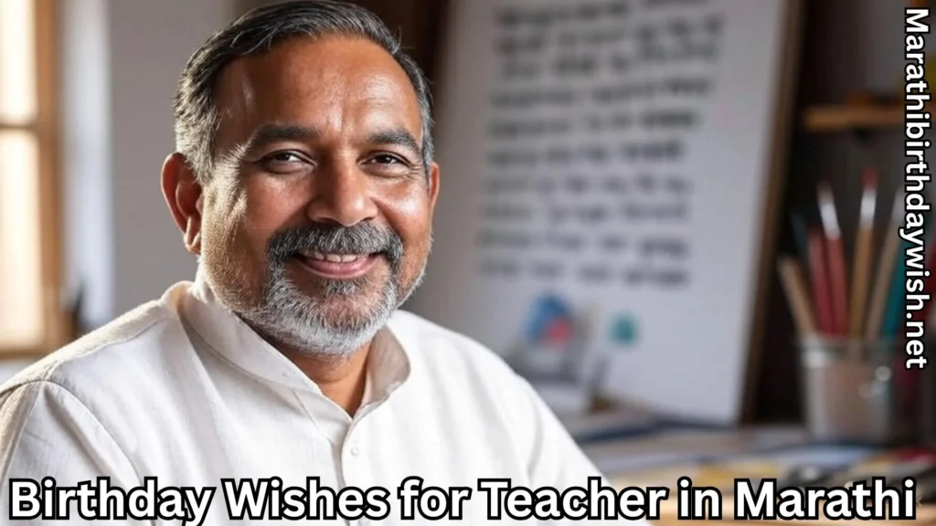 Elder teacher smiling in classroom with birthday wishes in Marathi