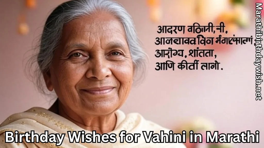 Elder vahini smiling and birthday wishes for vahini in marathi text overlay