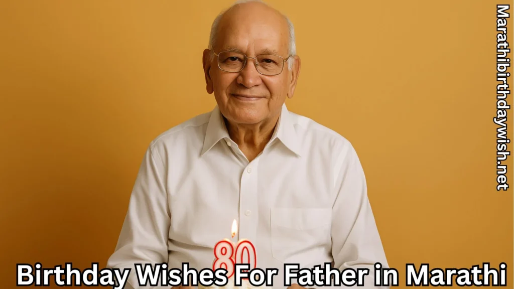 Elderly man in white shirt smiling with birthday wishes for father in marathi text overlay