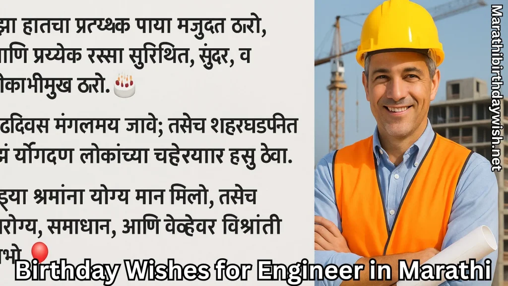 Engineer in vest at construction site and birthday wishes for engineer in marathi text overlay