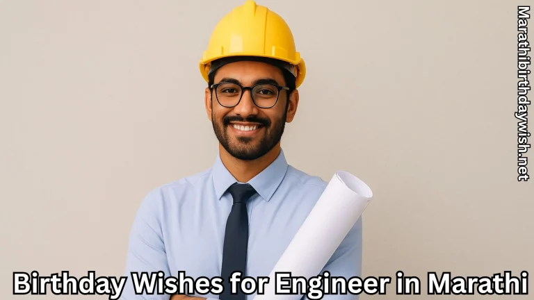 Engineer in yellow hardhat holding blueprint and birthday wishes for engineer in marathi text overlay