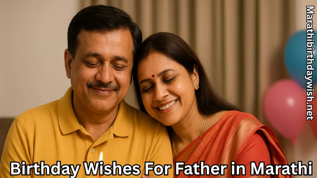 Father and mother sitting close, smiling with birthday wishes for father in marathi text overlay