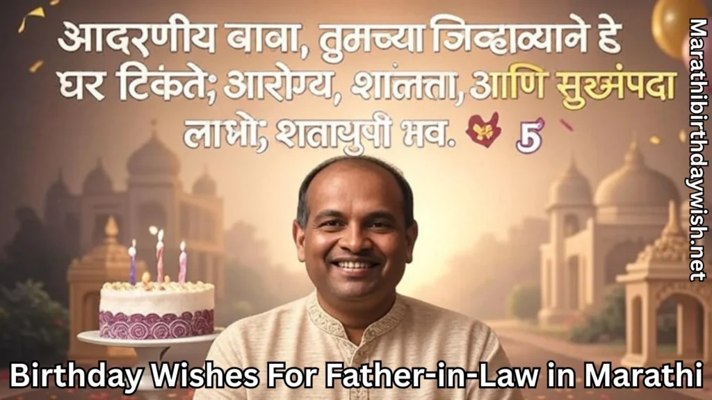 Father-in-law with cake and Marathi blessing in backdrop