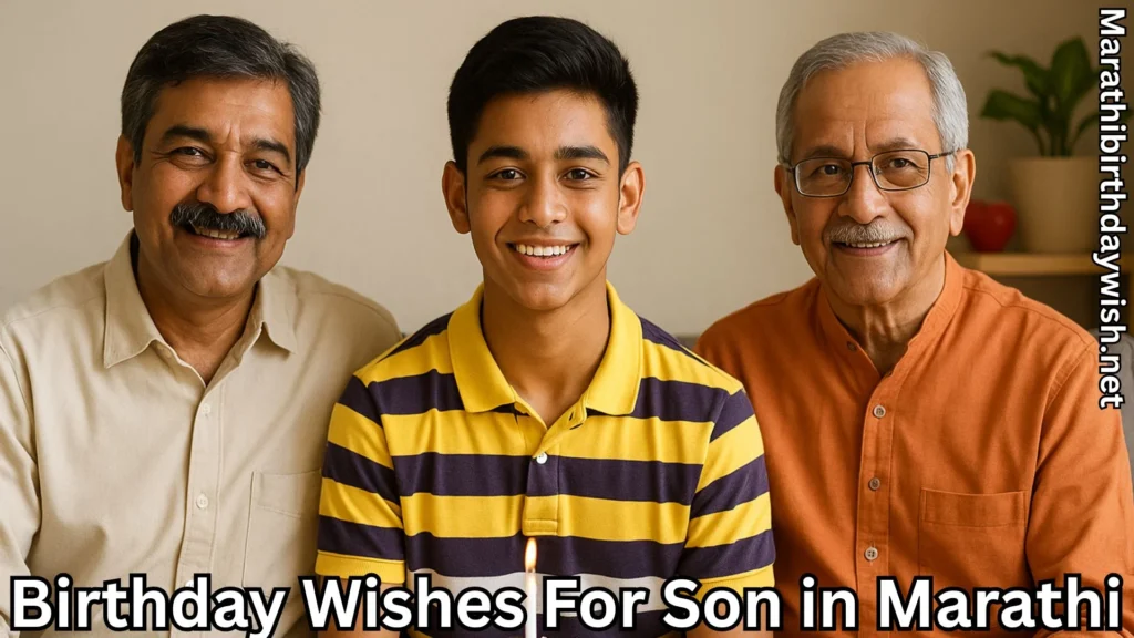 Father, son, and grandfather smiling with birthday wishes for son in marathi text overlay