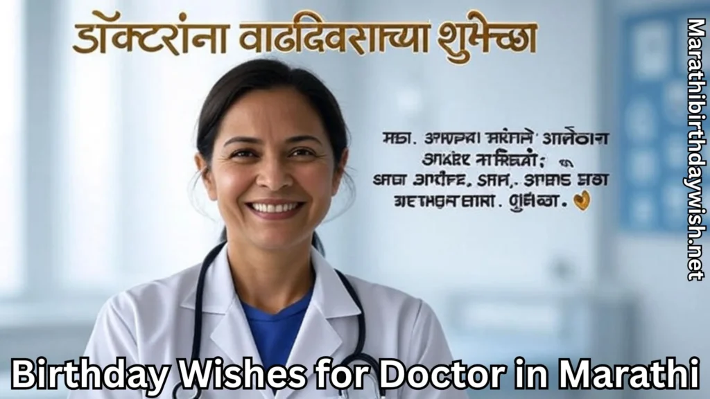 Female doctor smiling with birthday wishes for doctor in marathi text overlay
