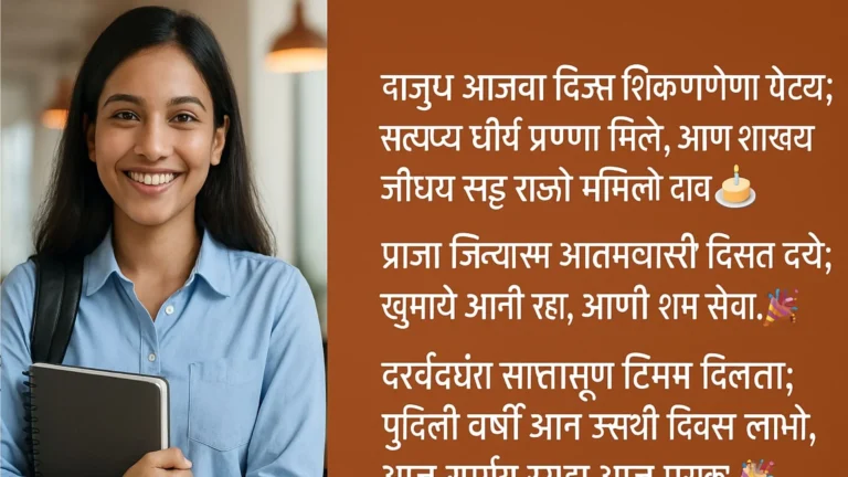 Female employee with notebook; birthday wishes for employees in marathi text overlay