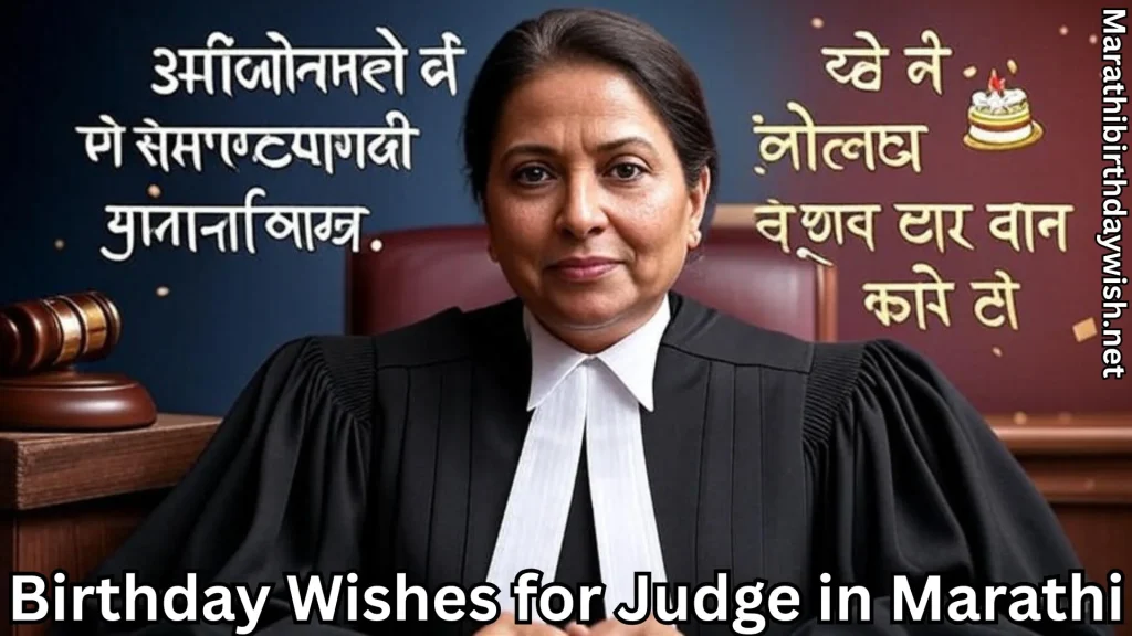Female judge in robe; Marathi birthday text, gavel and cake icons