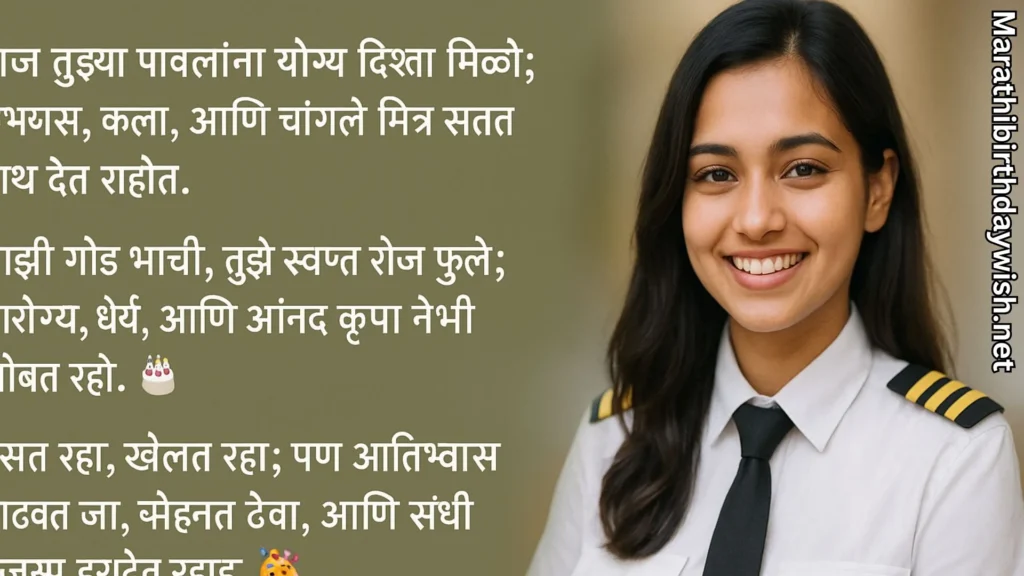 Female pilot smiling with birthday wishes for niece in marathi text overlay
