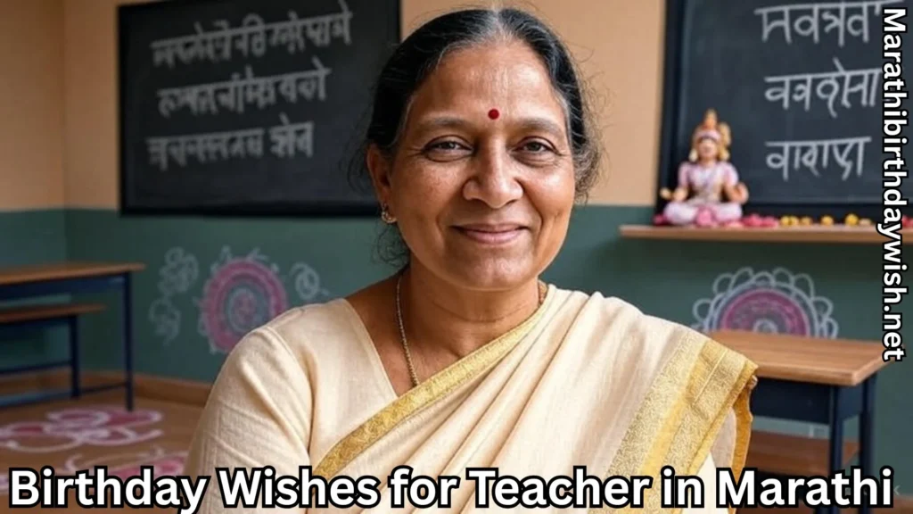 Female teacher in cream saree with birthday wishes in Marathi
