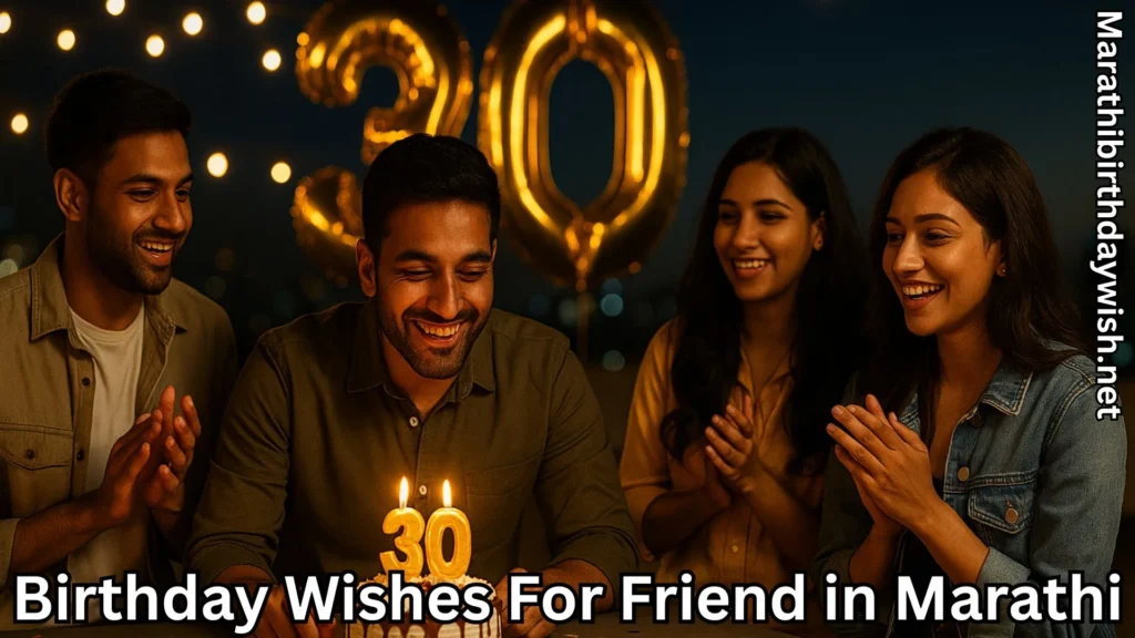 Friends celebrating 30th birthday and birthday wishes for friend in marathi text overlay