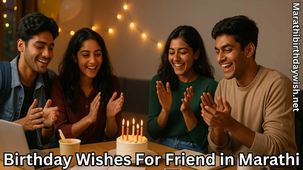 Friends clapping around cake with birthday candles lit