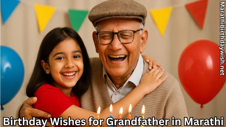 Girl hugs laughing grandpa with birthday wishes for grandfather in marathi text overlay