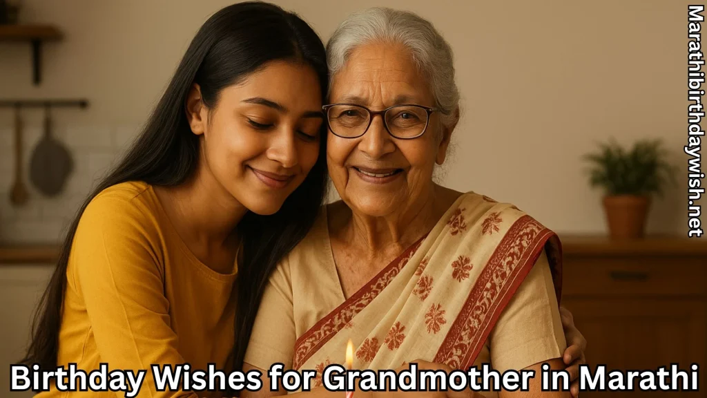 Granddaughter hugs grandma with birthday wishes for grandmother in marathi text overlay
