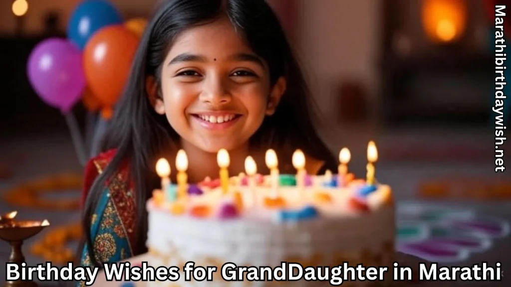 Granddaughter smiling behind lit birthday cake and balloons
