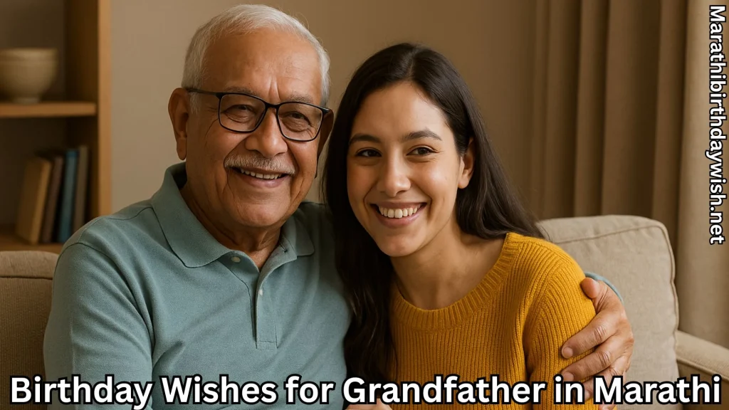 Grandfather and granddaughter smiling on sofa, cake out of frame.