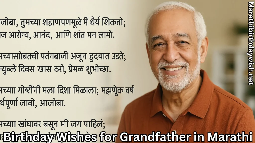 Grandfather smiling beside Marathi wishes text, cozy home background.