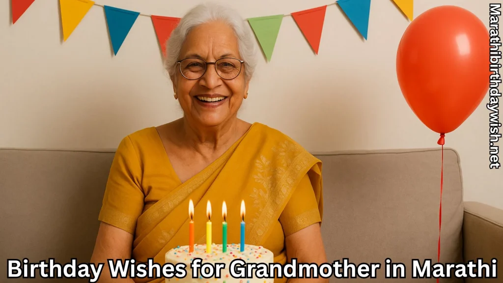Grandmother in yellow sari with cake and balloon, birthday celebration