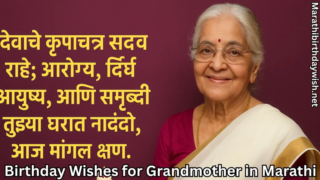 Grandmother with glasses, Marathi blessing birthday wishes beside