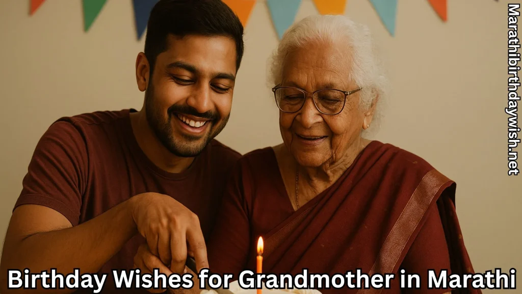 Grandson with grandmother cutting cake under bunting, birthday wish