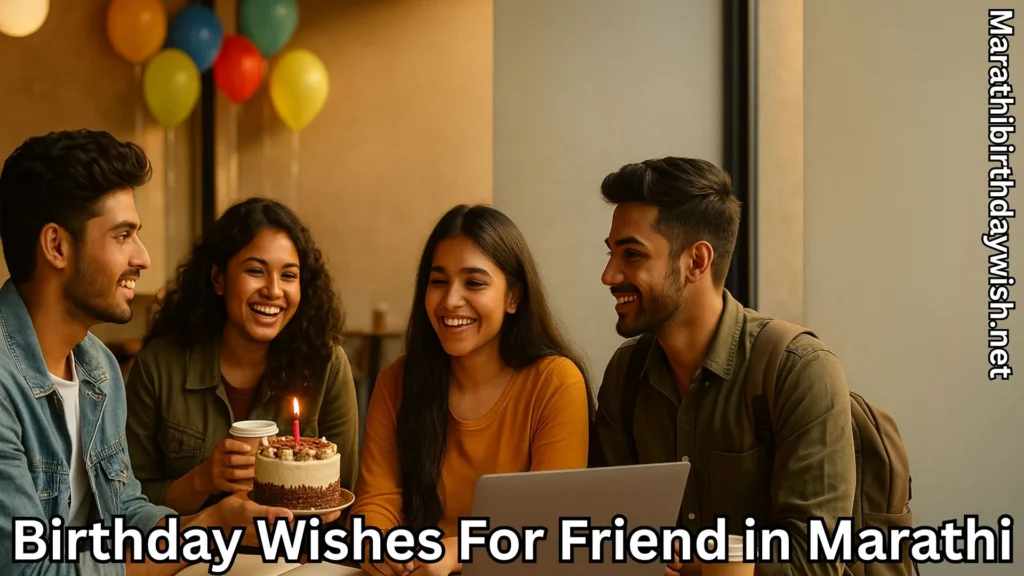 Group of friends celebrating birthday with cake and balloons